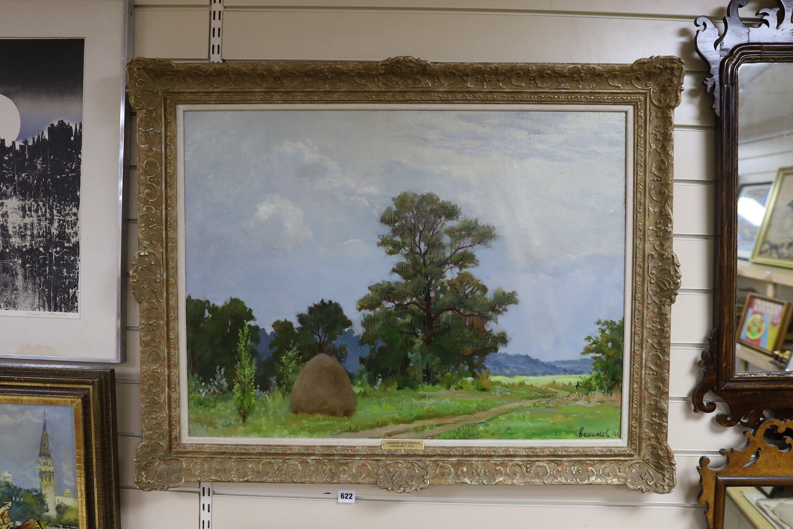 E. Vasiliev, oil on canvas, Landscape with haystack, signed and dated 1946, 59 x 79cm